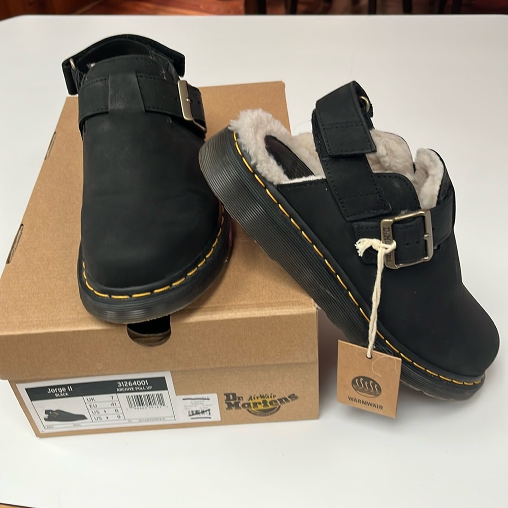 Doc Marten Jorge II Faux Fur Lined Black Clog Mules Unisex M8/W9